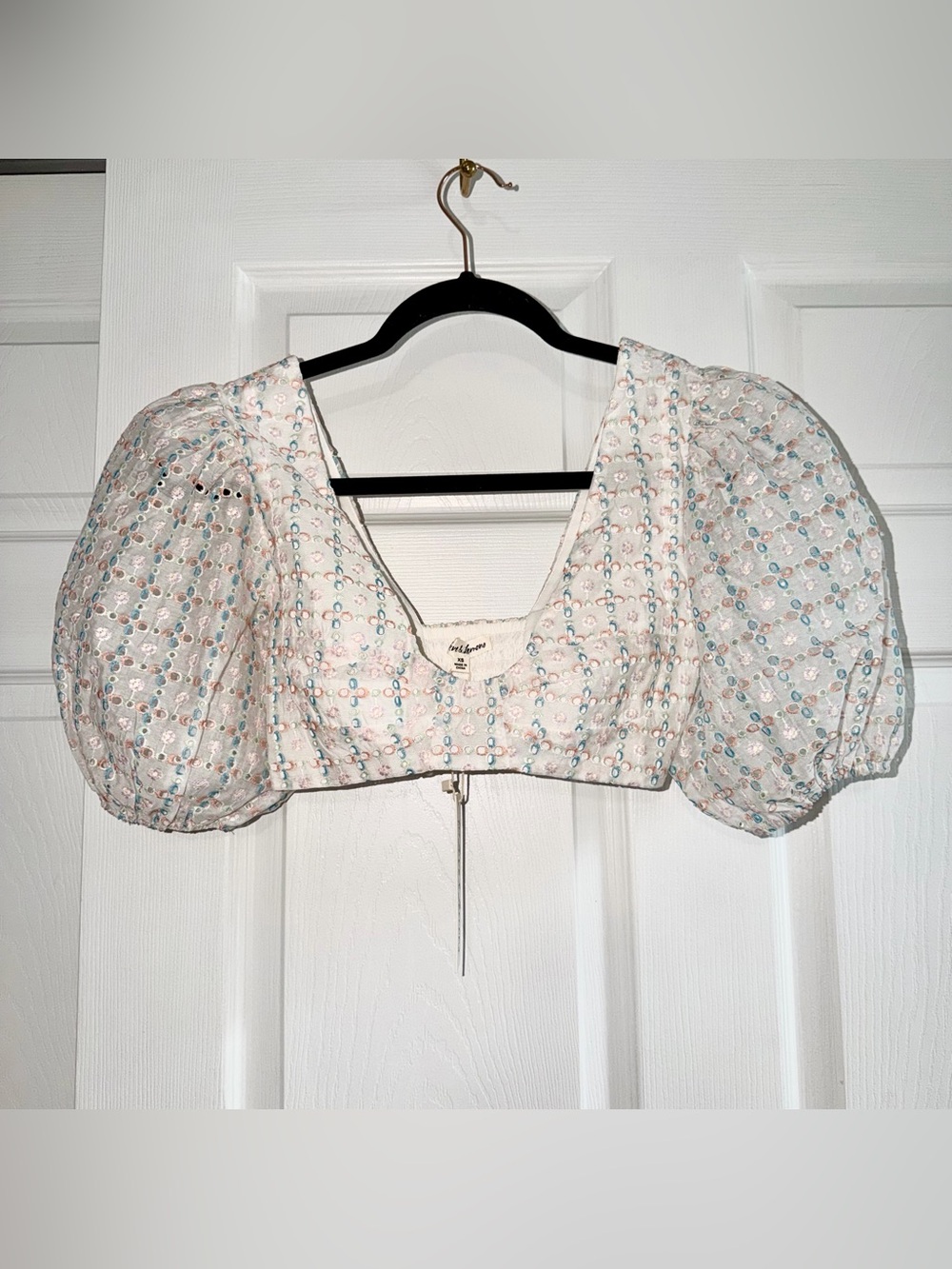 For Love & Lemons White Eyelet Puff-Sleeve Crop Top with Pastel Accents